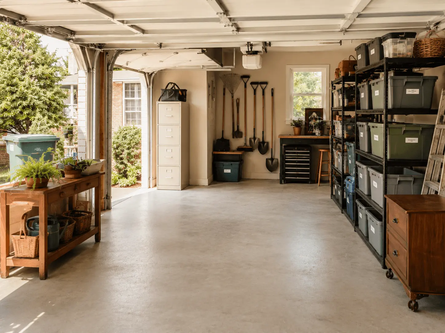 Broom-clean garage with simple storage zones after a reset