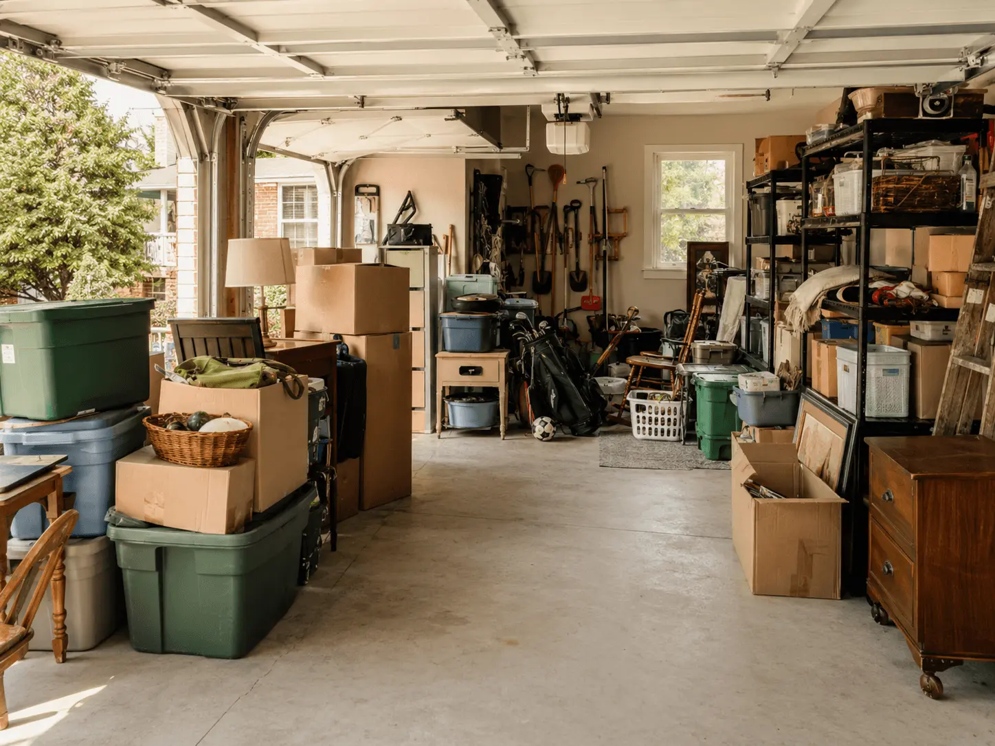 Cluttered residential garage before a reset