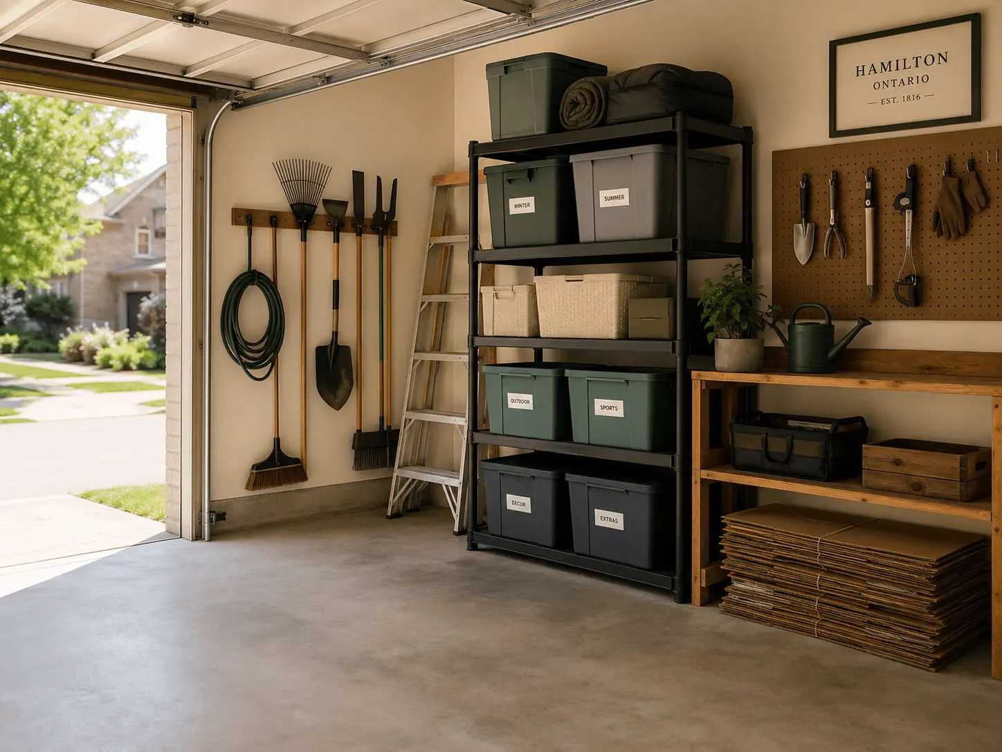 Tidy residential garage with labelled storage zones and clear floor space