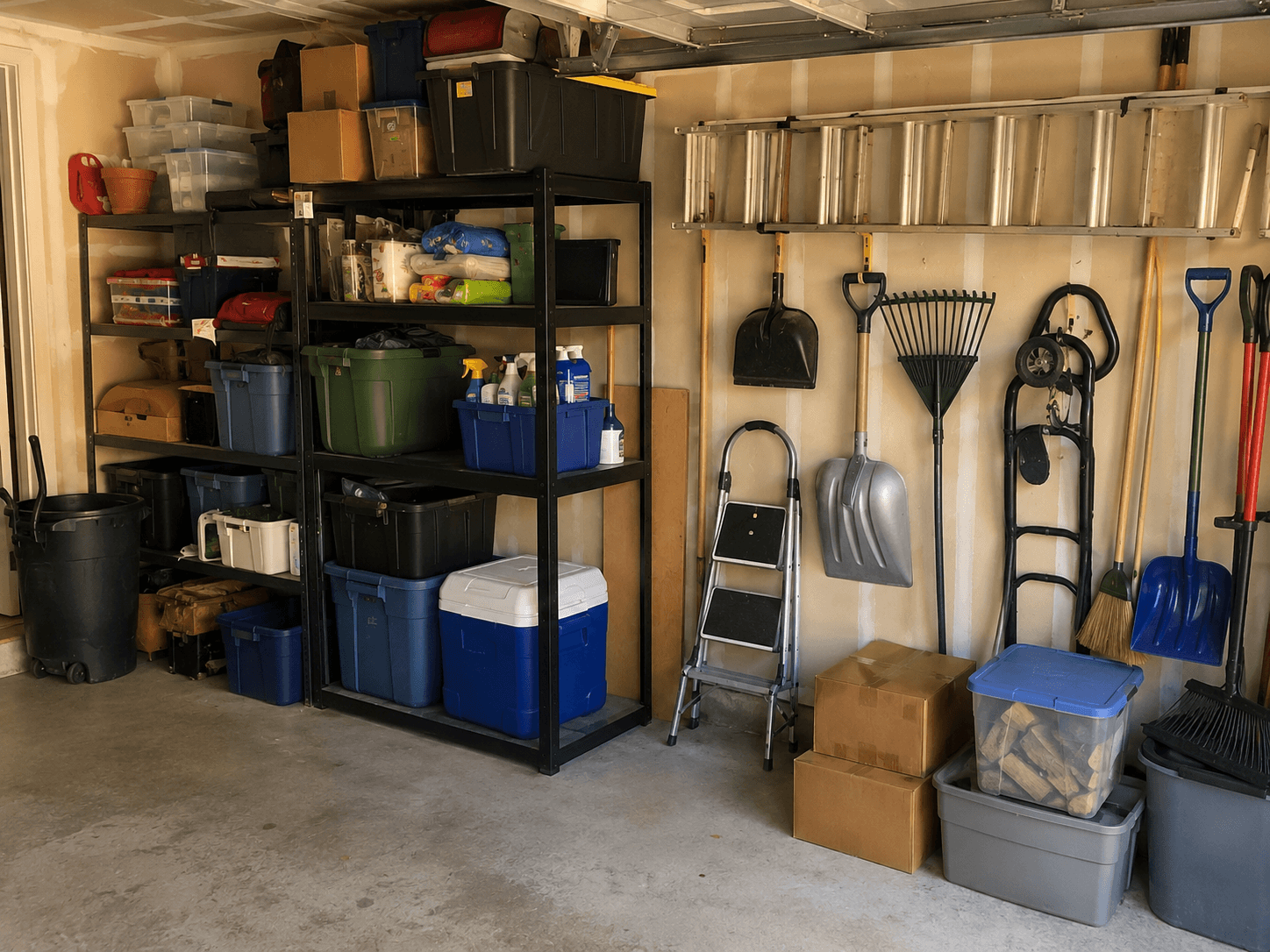 Garage wall and shelving photo showing stored items and access.